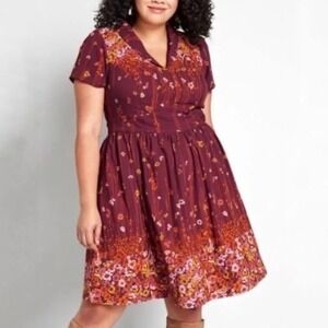 ModCloth Floral Print Short Sleeve  Dress Burgundy Yellow Pink Size M